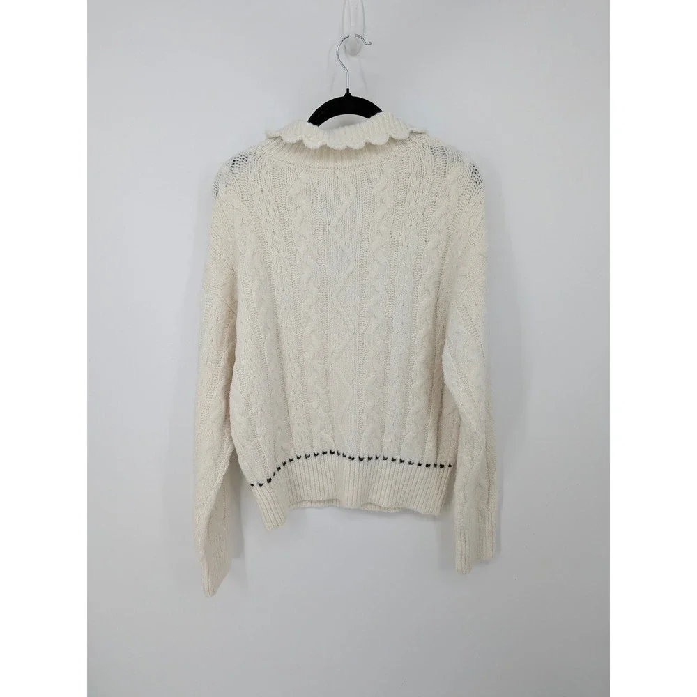 bohme Coquette Sweater Women XL Ivory Cable Knit Scalloped Pearl Button Grandma